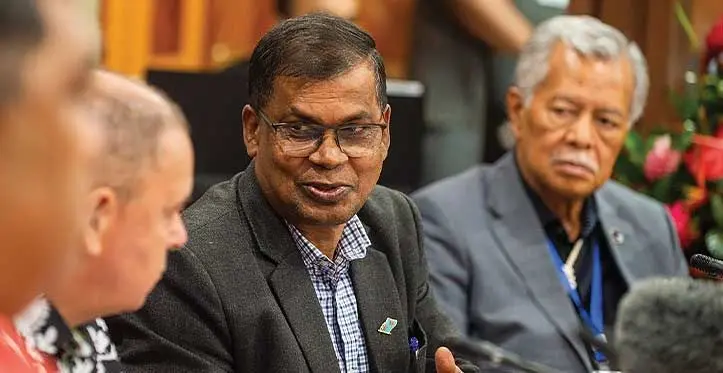 Deputy Prime Minister and Minister for Finance Biman Prasad and Pacific Islands Forum secretary general Henry Puna during the Pacific Economic Ministers meeting in Suva on August 10, 2023. Photo: Leon Lord