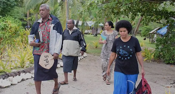 From left: National Federation Party president Pio Tikoduadua, with provisional candidate Samuela Naicegucegu, vice president Seni Nabou and Lenora Qereqeretabua in Dravuni, Kadavu. Photo: NFP Facebook