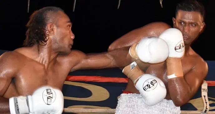 Sitiveni Nawai lines up (left) Sebastian Singh at Prince Charles Park, Nadi on June 30, 2019.