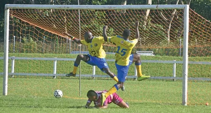 Nadroga striker Osea Vakatalesau (15) scores his second goal against Nadi during the Digicel Premier League clash at Lawaqa Park, Sigatoka, on March 7, 2021. Photo: Waisea Nasokia