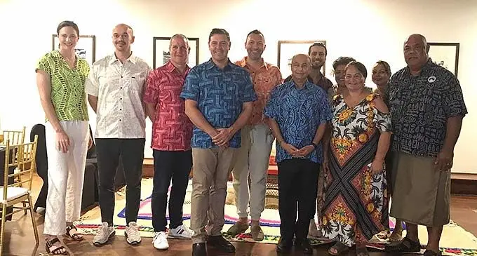 From right: Fiji Swimming president Ben Rova (first) and International Swimming Federation (FINA) president Husain Al Musallam (standing third from right in front) with FINA delegations and FS executives at the Grand Pacific Hotel on December 7, 2022. Photo: Sereana Salalo