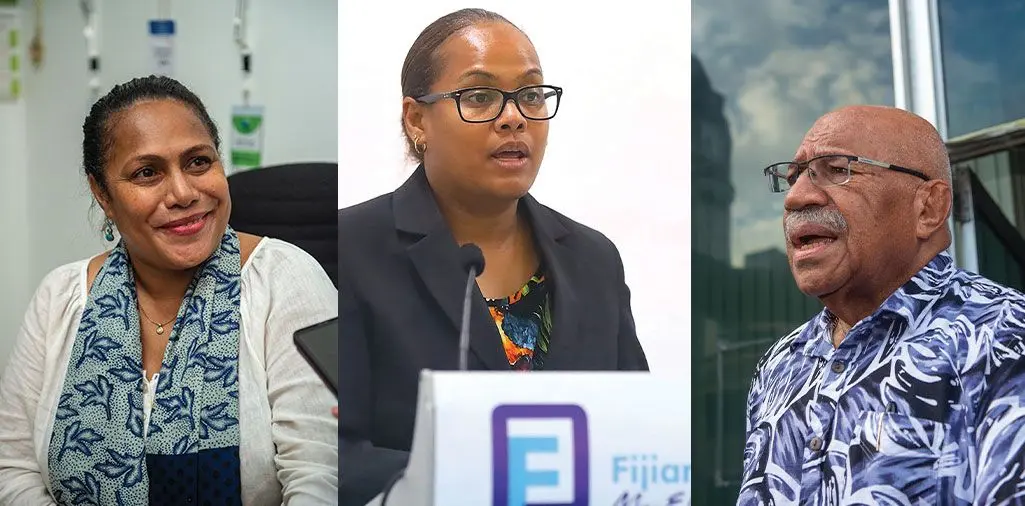 (From L-R) Electoral Commission chair Barbara Malimali,  Acting Supervisor of Elections, Ana Mataiciwa, Prime Minister Sitiveni Rabuka. PHOTO: Leon Lord