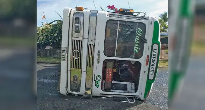 The toppled Classic bus at Banaras, Lautoka on June 21, 2023. Photo: National Fire Authority