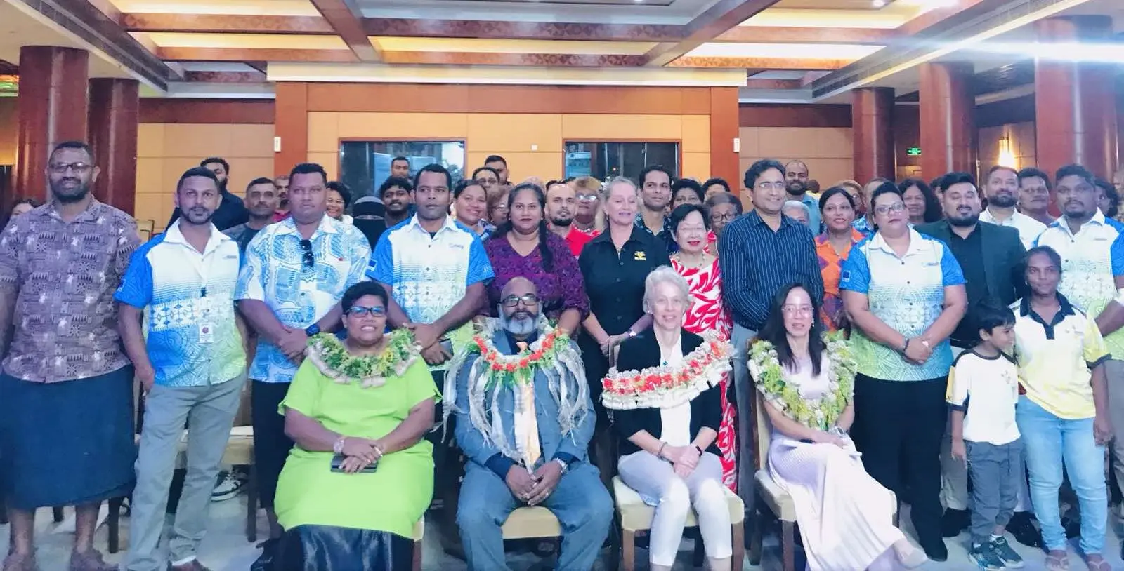 Sitting from the left: The Acting Chief Economist for the Ministry of Agriculture and Waterways, Sainiana Kirisitiana, Assistant Minister for Commerce and Business Development, Sachida Nand, Ambassador of the European Union to the Pacific, Barbara Plinkert and the Food and Agriculture Organisation of the United Nations representative to Fiji, Joann Young with the staff and the farmers during the Fiji Agri-Innovate Competition at the Civic Center in Suva on February 12, 2026. 