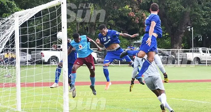 Lautoka’s Alex Saniel (12) goes for a header against Nasinu at Churchill Park on February 2, 2020. Photo: Waisea Nasokia