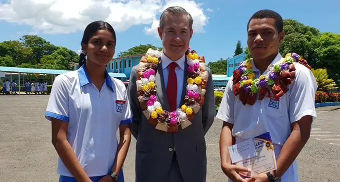 Xavier College Head Girl Aidah Zaahirah, New Zealand High Commissioner to Fiji Jonathan Curr and Head Boy  Maika Solikibau 