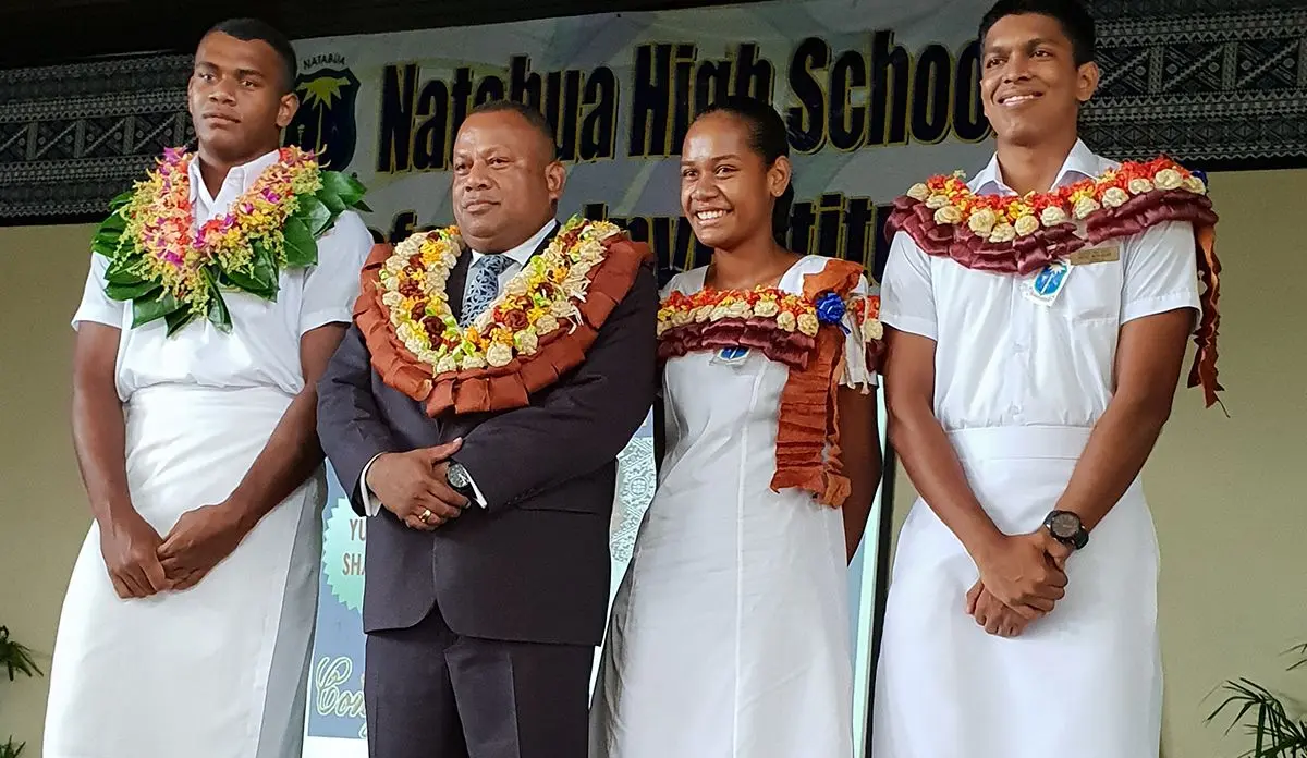 From left: Natabua High School hostel head boy, Tiko Batibasaga, the Minister for Defence, National Security and Foreign Affairs, Inia Seruiratu, head girl Peniana Qonitoga and head boy Yuvnel Sharma after the school's Prefects Investiture Ceremony on February 22. Photo: Nicolette Chambers 