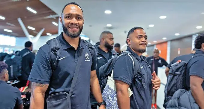 New Zealand-based flanker Saimoni Uluinakauvdra with prop Meli Tuni check in Nadi International Airport on October 23, 2024.Photo: FRU Media