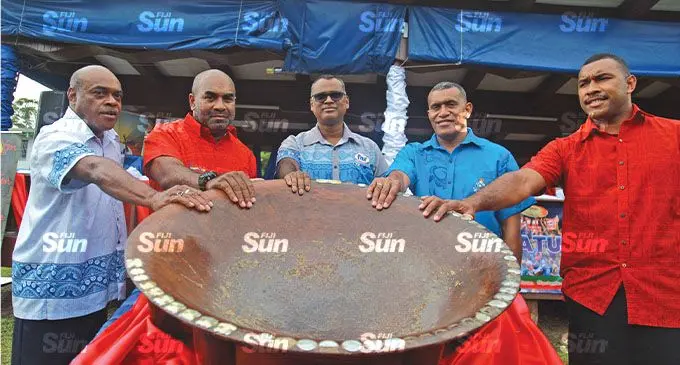 From left: SSP Livai Driu, CO 3FIR Lt Col Penioni Naliva, FMF national sales manager Ganeshwar Mani, Reverend Waisale Tikowale and Lt J.C Vakaloloma at the launch of the 2021 FMF Sukuna Bowl at the Nasova Police Baracks, Suva, on November 12 2021. Photo: Leon Lord