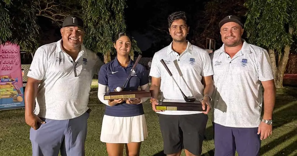 Nadi Airport Golf Club president Joeli Kotesuva, Raina Kumar, Ryan Kumar and Golf Fiji president Ricky Locke. Photo: WAISEA NASOKIA
