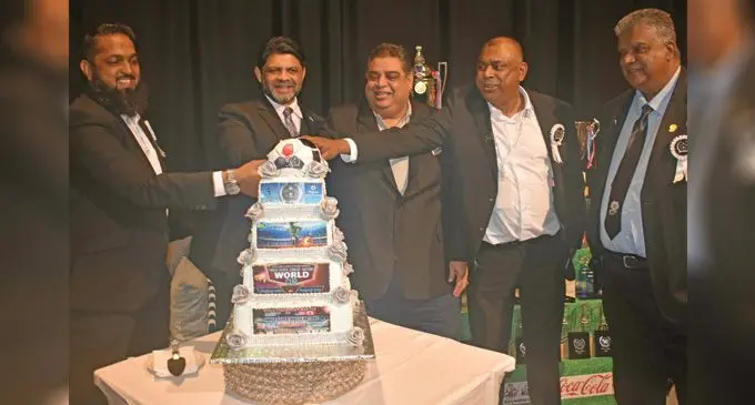 From left: FMSA president/FANCA 25 organising chair Javed Ahmed, Attorney-General Aiyaz Sayed-Khaiyum, Fiji FA president Rajesh Patel, FANCA vice president Tabreez Khan and Fiji FA CEO/FANCA president Mohammed Yusuf at the FANCA Silver Jubilee banquet at the Sofitel Fiji Resort and Spa on August 17, 2022. Photo: Waisea Nasokia