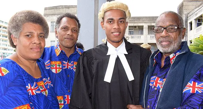 Eminoni Vulalevu with parents (left) Livia Liku and Jekope Railau and uncle Nacanieli Nabukavou (right) following his admission to the bar by Acting Chief Justice Anil Kumar  on September 20, 2019. Photo: Ronald Kumar