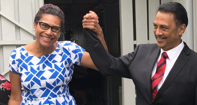 Opposition Whip Lynda Tabuya with her lawyer Adish Narayan outside the Magistrates Court in Suva on August 17, 2020. Photos: Ashna Kumar