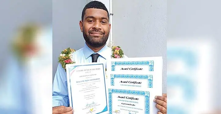 Iowane Sakealevu with Certificate III in carpentry during the graduation at Civic Centre, Labasa on November 30, 2023. Photo: Shratika Naidu