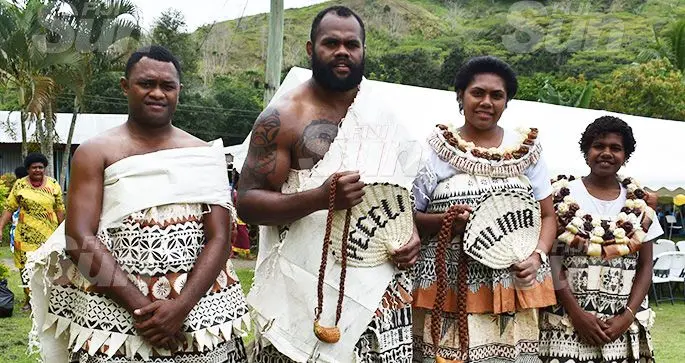 From left: Setareki Tawakevou, Fiji Airways Flying Fijians forward Peceli Yato, wife Milinia and Kasanita Naraya at the Saioni Methodist Church in Narewa, Waicoba in Nadroga on October 25, 2019. Photo: Waisea Nasokia