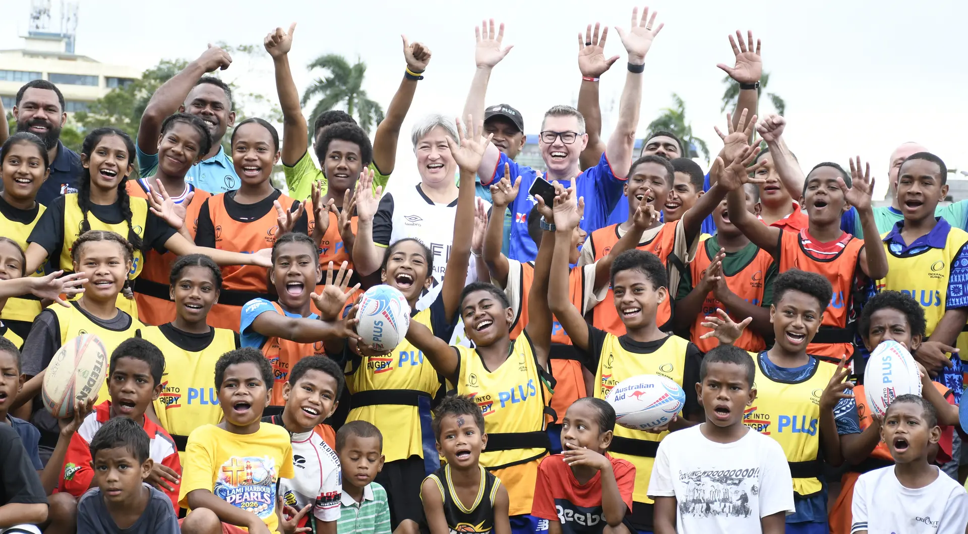 Visiting Australian Foreign Minister Senator Penny Wong (in white) and Minister for the Pacific Islands Affairs Pat Conroy at a sports clinic at Albert Park in Suva on May 6, 2026.