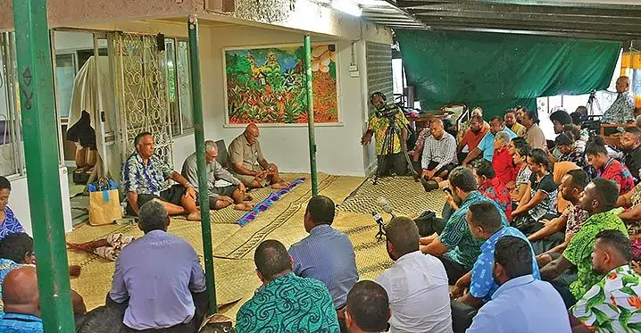Prime Minister Sitiveni Rabuka accepts the matanigasau by Fijian Broadcasting Corporation staff at his residence in Namadi Heights, Suva on February 9, 2023. Photo: DEPTFO News