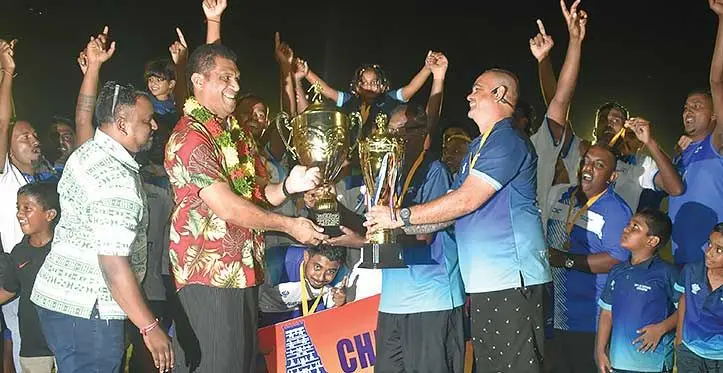 Rifle Range TIV Sangam players and officials celebrate winning the Super Premier Division at Prince Charles Park, Nadi, on April 10, 2023. Photo: Waisea Nasokia