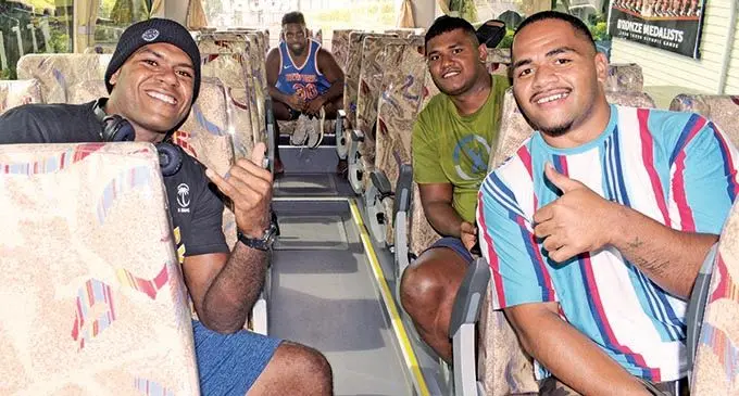Fijian Drua players (from left) Chris Minimbi, Samu Tawake, Soro Tuifagalele and Meli Tuni ready to depart Fiji Rugby Union office in Suva on 3, November 2021. Photo: Ronald Kumar