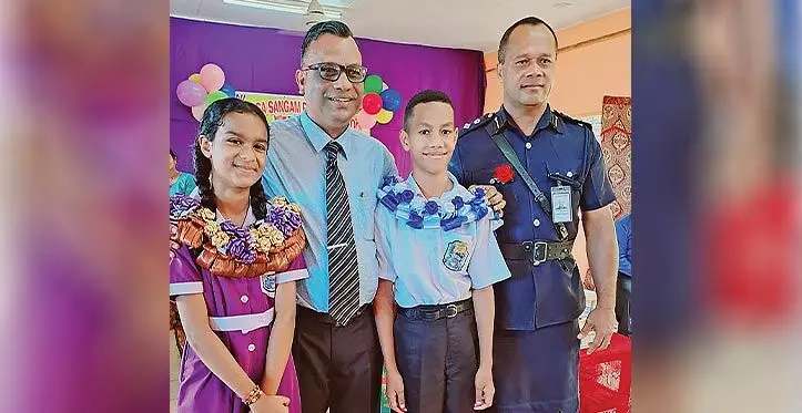 From Left: Labasa Sangam Primary School head girl Rishima Deo, head teacher Sushil Narayan, head boy Mosese Ketenilagi and chief guest Northern Divisional manager community policing Senior Superintendent of Police Luke Cerenasiga during the prefect induction in Labasa on March 15, 2023.