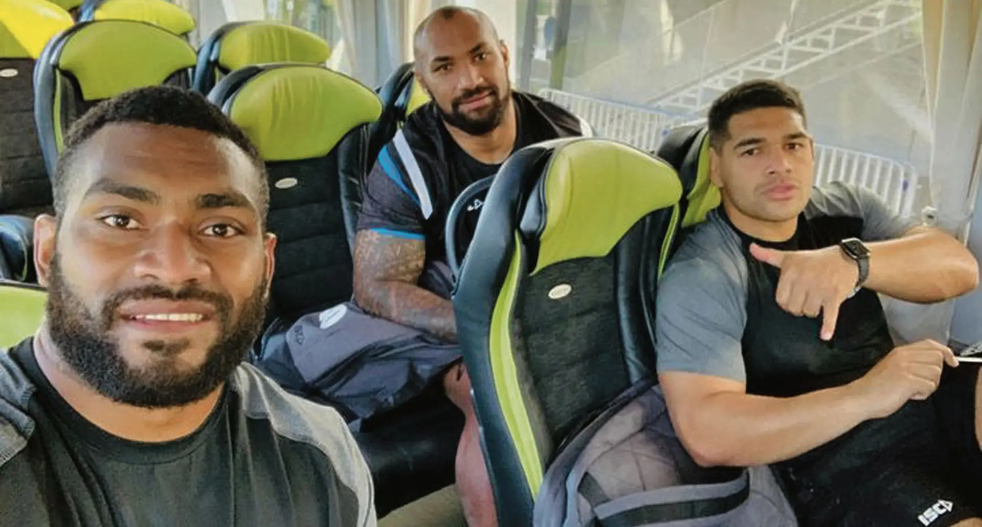 Flying Fijians (left-right) Mesulame Kunavula, Nemani Nadolo and San Matavesi in the team bus in Limoges, France on November 3, 2020.