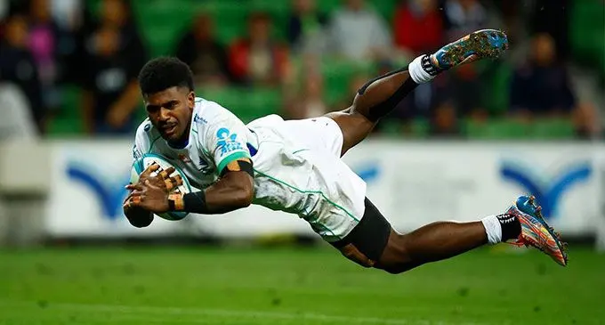 Swire Shipping Fijian Drua second five eight Kalaveti Ravouvou dives over to score a try against the Melbourne Rebels in the Super Rugby Pacific clash at AMMI Park. Photo: Fijian Drua