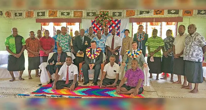 United Kingdom’s Minister for Armed Forces, James Heappey with the Nauluvatu Village men at the Nauluvatu Hall in Nakelo, Tailevu, on July 21, 2021. Photos: Beranadeta Nagatalevu