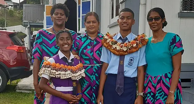 Dilkusha Methodist High School head girl Merylin Ishika Muttu (front left) and head boy Hemmant Rigamoto (second from right) with teachers at the James Morrissey Memorial Church on January 31, 2020. Photo: Shalveen Chand 