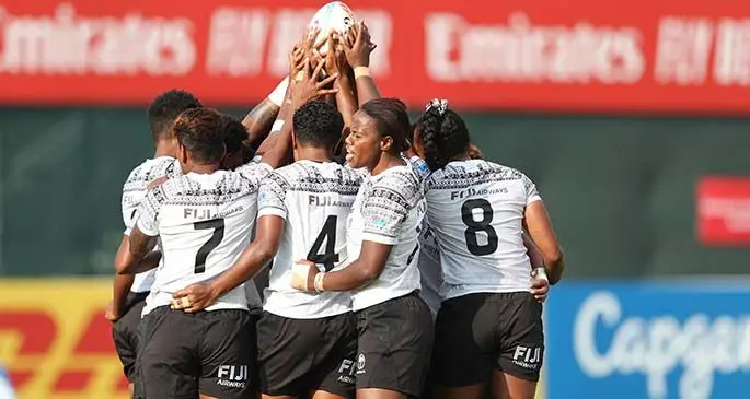 Fiji Airways Fijiana 7s captain Raijeli Daveua urges the players during the 2019/20 Women’s World Sevens Series in Dubai last year. Tomorrow they take on England and China at the New Zealand Sevens in Hamilton before facing New Zealand in their final pool clash on Sunday. Photo: World Rugby