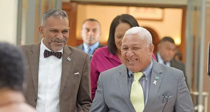 Frome left: Minister for Trade Faiyaz Koya , Prime Minister Voreqe Bainimarama and Education Minister Roasy Akbar outside Parliament on February 12, 2021.  Photo: Ronald Kumar