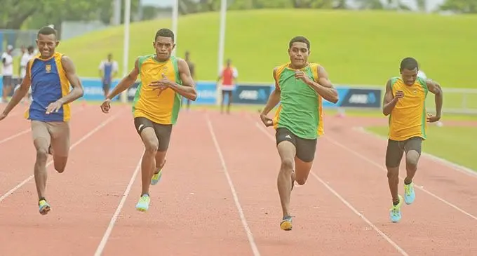 Josua Daudravuni (third from left) won the Ratu Sukuna Memorial School interhouse competition senior boys 100meters heats at ANZ Stadium on February 23, 2021. Photo: Ronald Kumar