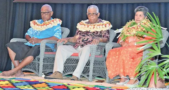 Tui Suva Ratu Sanaila Mudunavosa, Speaker of the Fijian Parliament Ratu Naiqama Lalabalavu and wife Emily Wise during the Nadonumai Holdings Limited 25th anniversary at the Grand Pacific Hotel in Suva on February 23, 2023.