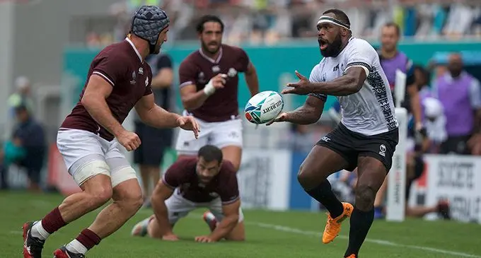 Fiji Airways Flying Fijians second five-eight Levani Botia on the  attack against Georgia on October 3, 2019, during their  Rugby World Cup Pool D match. Fiji won 45-10.   Photo: Bruce Southwick/ZoomFiji