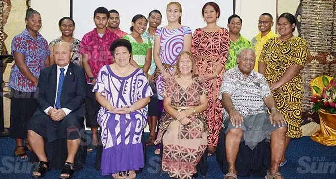 Sitting front from left-Lau Provincial Council Chairman, Viliame Gucake, Yatulau Company Pte. Limited board Chairperson Adi Koila Mara Nailatikau, Ratu Sir Kamisese Mara Education Trust fund Chairperson, Esther Williams and Trust fund trustee, Illisoni Taoba with eleven scholarship recipients at Studio 6 on March 13, 2021. Photo: Ronald Kumar
