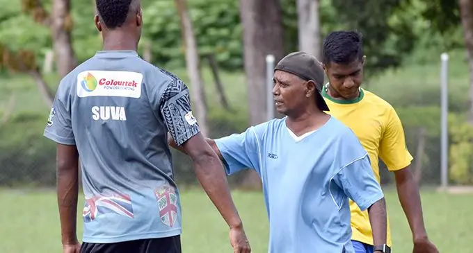 Former midfield wizard and Labasa football coach Anand Sami instructs the players during training at the Bucalevu Primary School ground on April 30, 2019.  Photo: Shratika Naidu