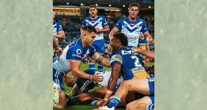 Star Vodafone Fijian Bati winger Maika Sivo (right) celebrates after scoring one of his two tries for Parramatta Eels as they beat Bulldogs 32-10 at Stadium Australia in Sydney on May 1, 2021. Sivo is a definite starter for the World Cup. Photo: Parramatta Eels
