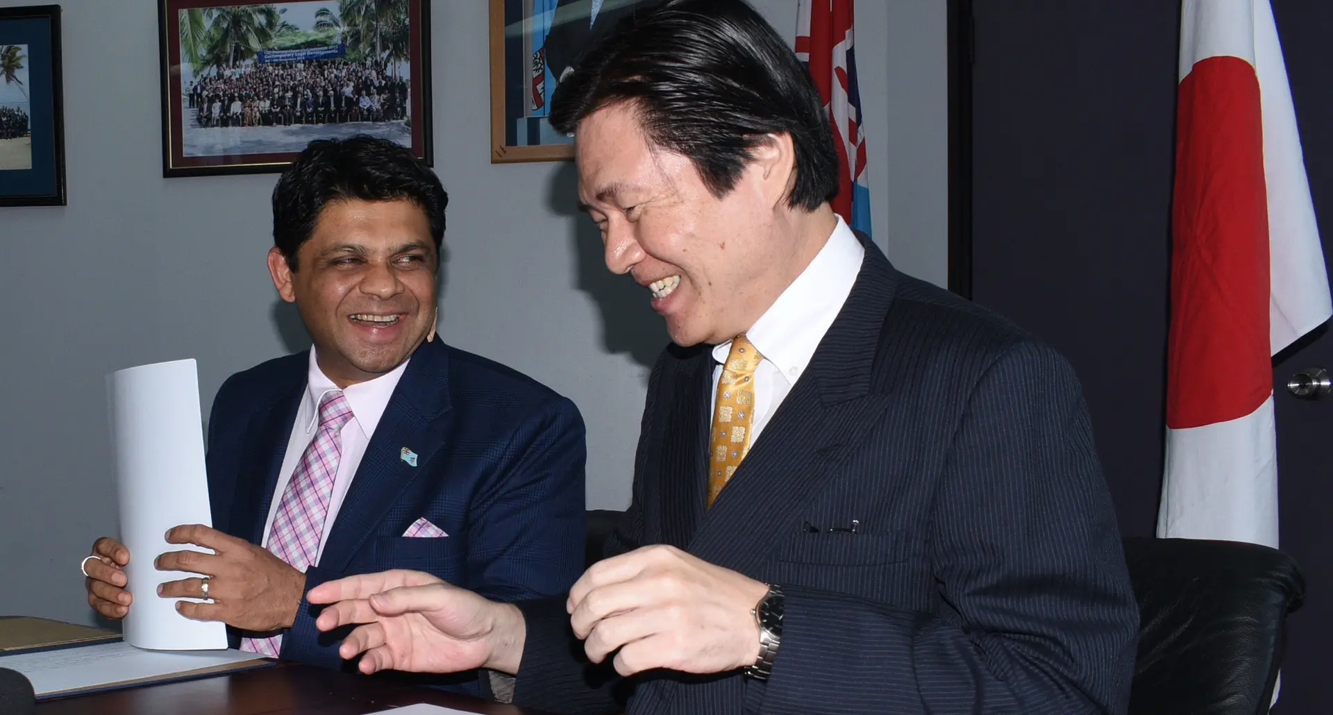 Acting Prime Minister, Attorney General and Minister for Civil Aviation Aiyaz Sayed-Khaiyum and Japanese Ambassador to Fiji Masahiro Omura during the signing of amendment to Fiji and Japan air service agreement in Suva on February 27, 2018. Photo: Ronald Kumar.
