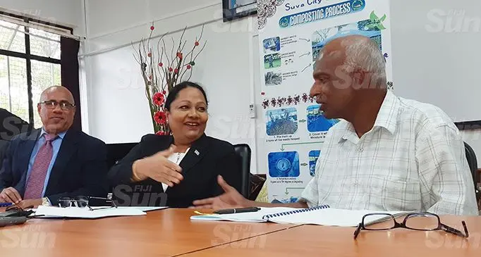From left: Suva and Lami special administrator Isikeli Tikoduadua, Minister for Local Government, Housing and Community Development, Premila Kumar with the Nasinu- Nausori special administrator chair Baskaran Nair after the signing of the agreement on September 17, 2020. Photo: Shalveen Chand