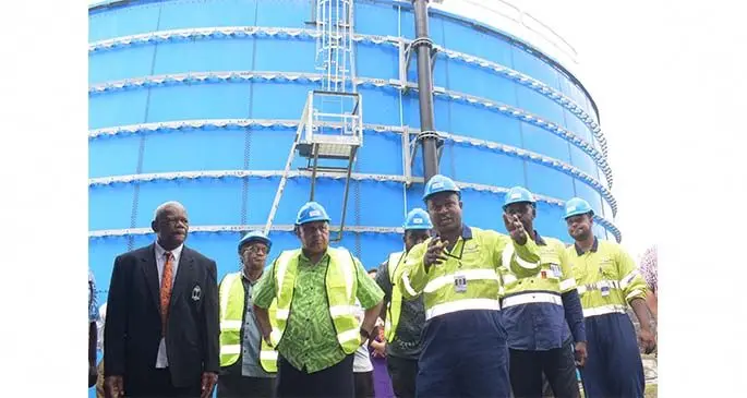 Water Authority of Fiji engineer Epeli Kama explains about the Namau Water Project to Prime Minister Voreqe Bainimarama and Minister for Infrastructure and Meteorological Services, Lands and Mineral Resources Jone Usamate during the commissioning ceremony on June 26, 2020. Photo: Ronald Kumar