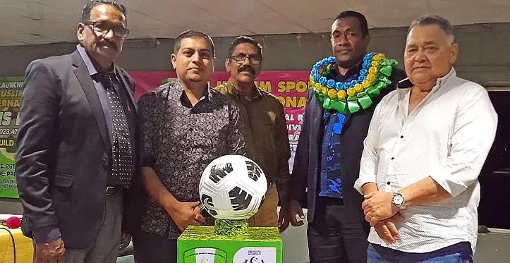 FMSI president Manu Pokar, Nadi SA Lawrence Kumar, Secretary Mohammed Ismail Kalendar, Ministry of Youth and Sports divisional officer west Jemesa Delana, and former Fiji Football head coach John Grey. Photo: Waisea Nasokia