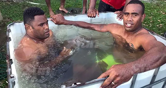 Nadi rugby reps Jo Radrodro and captain Jolame Luvevou cool down after gruelling training session at Prince Charles Park, Nadi. Photo: Waisea Nasokia