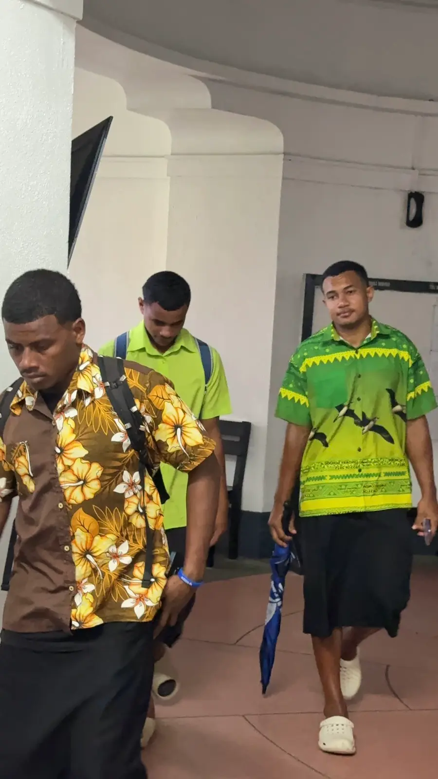 From left, murder accused Manoa Vakavunivalu, Alexander Leweniqila and Aisake Lovobalavu outside the High Court in Suva on May 18, 2026.