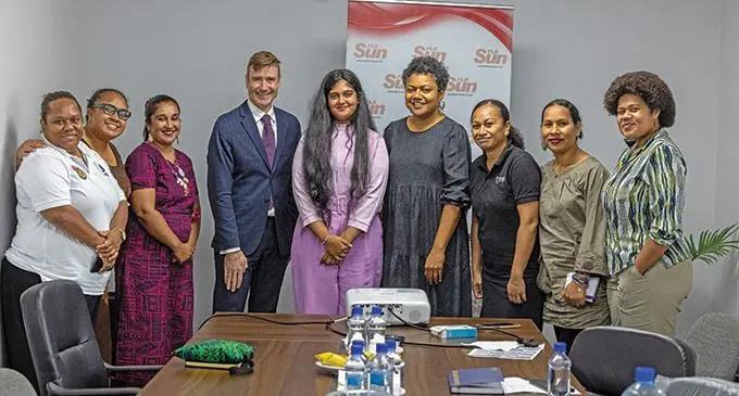 British High Commissioner Dr Brian Jones(fourth from left) and British High Commissioner for a day Tanisha Lal(fifth from left) with Fiji Sun staff at the company’s head office, Walu Bay. Photo: Kelera Tuisawau