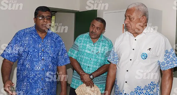 Minister for Agricuture Mahen Reddy (left) Tui Namosi Ratu Suliano Matanitobua with Prime Minister Voreqe Bainimarama following the opening of Namosi Government Station on February 4, 2020. Photo: Ronald Kumar.