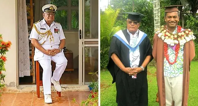 Netani Sukanaivalu in his full Navy uniform on the left, the right has Mr Sukanaivalu with his son Etuate Sukanaivalu.