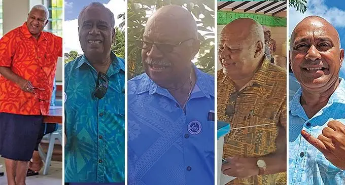 From Left: FijiFirst leader Voreqe Bainimarama, Unity Fiji leader Savenaca Narube, The People’s Alliance leader Sitiveni Rabuka, SODELPA leader Viliame Gavoka and New Generation Party leader Varinava Tiko.