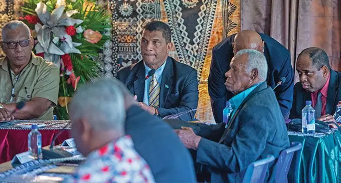 From left; Naitasiri Provincial Council Meeting chairperson Jone Baledrokadroka, Minister for Education Aseri Radrodro and delegates at Tamavua Village on September 5, 2024. Photo: Leon Lord