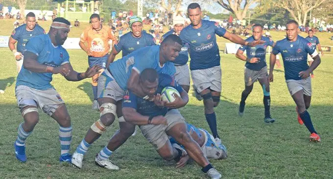 Ram Sami Suva lock Sorovakatini Tuifagalele tackles a Jack’s Nadi player in the Skipper Fiji Rugby Championship semifinal at Prince Charles Park, Nadi, on July 22, 2022. Nadi ended Suva’s three-year reign with a 20-19 win. Photo: Waisea Nasokia