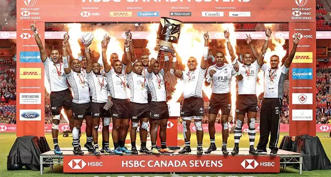 The Fiji Airways Fijian 7s team celebrates after winning the 2018 Canada 7s in Vancouver.