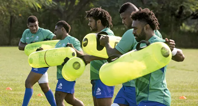 Members of the Swire Shipping Fijian Drua training in Nadi on May 24,2022. From left: Apisalome Vota, Vinaya Habosi, Selesitino Ravutaumada, Sorovakitini Tuifagalele and Onisi Ratave. Photo: Waisea Nasokia